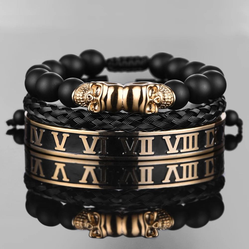 2pcs Men's Bracelet Set - Crown & Skull Bead Chain Wristbands, Black