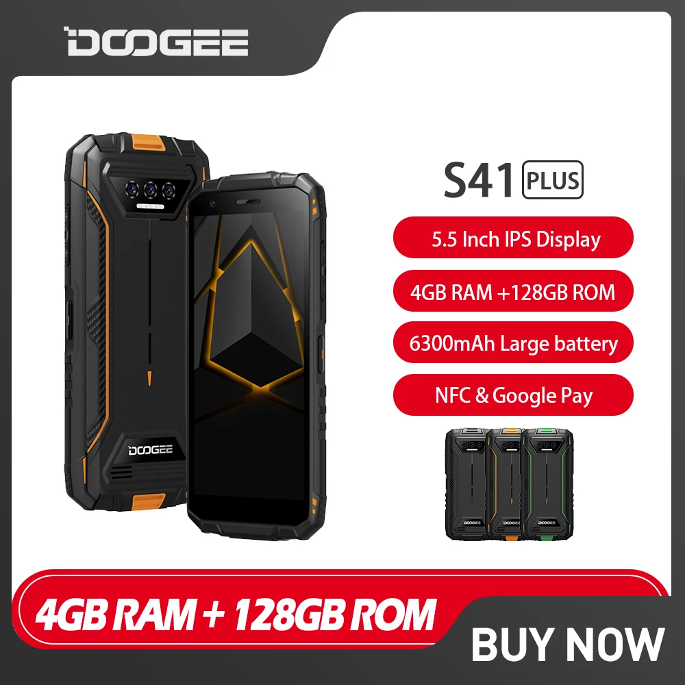 DOOGEE S41 PLUS Rugged Phones 5.5 Inch Spreadtrum T606 4GB+128GB 13MP AI Camera Android 13 Mobile Phone 6300mAh 4G Cellphone NFC oukitel wp20 pro waterproof rugged 4g smartphones 5 93 inch octa core 4gb 64gb 6300mah 20mp camera android 12 mobile phone nfc