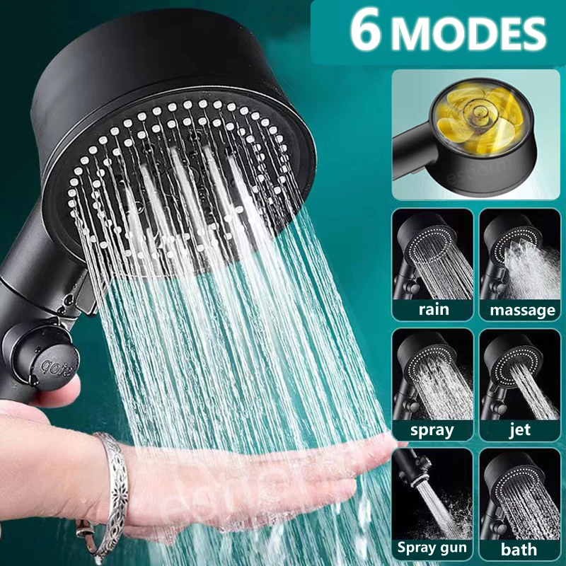 6 Mode High Pressure Turbo Shower Head,Handheld Saving Black One key