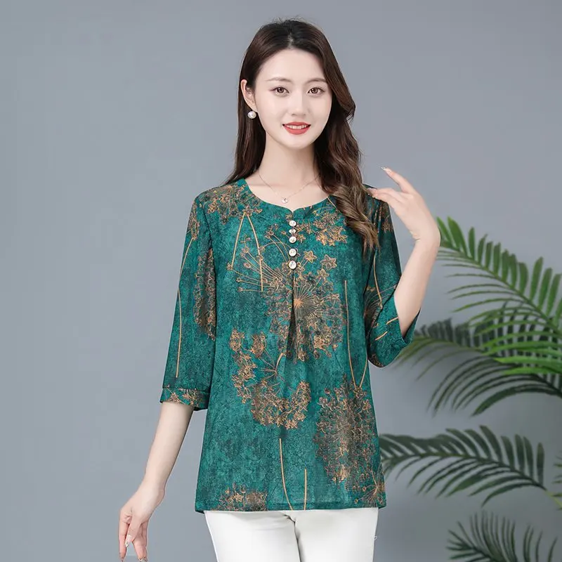 Spring summer Blouse Women Flower Printing Top Middle Aged Woman Casual v Collar Half sleeve Blouses