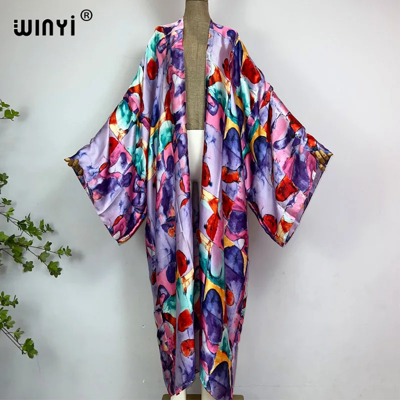 WINYI kimono summer boho Oil painting print beachwear Elegant Cardigan sexy Holiday loose swimsuit evening dress abaya cover-ups