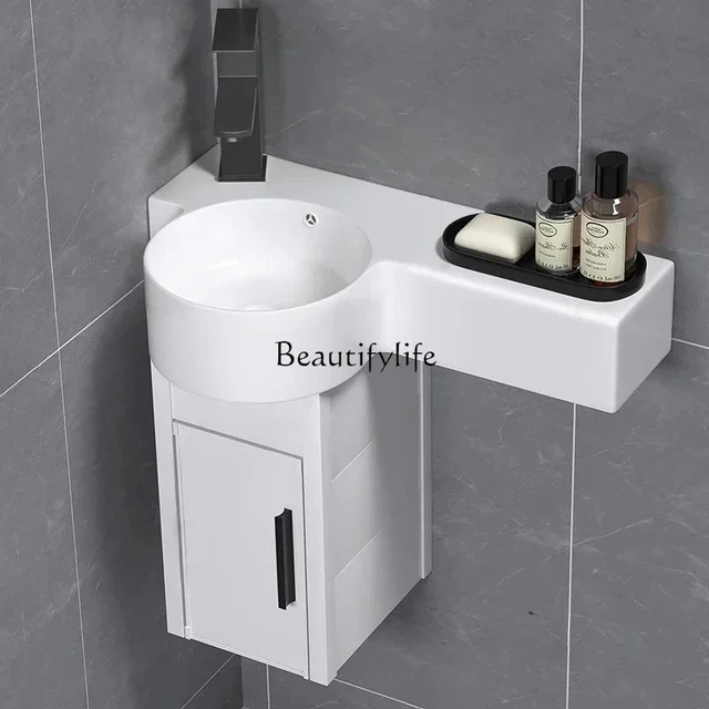 อ่างล้างหน้าเซรามิกติดผนังสำหรับห้องน้ำ อุปกรณ์ห้องน้ำแบบเรียบง่าย เหมาะสำหรับอพาร์ทเมนต์ ดีไซน์แคบ ติดผนัง 5