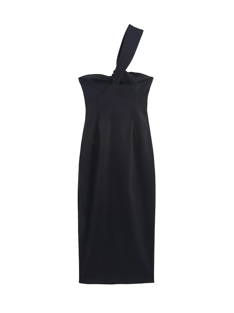 TFMLN 2025 Summer Women's Fashion Sleeveless Dress Slim Fit Open Back Asymmetric Neckline Midi Dress Elegant Black Split Dress