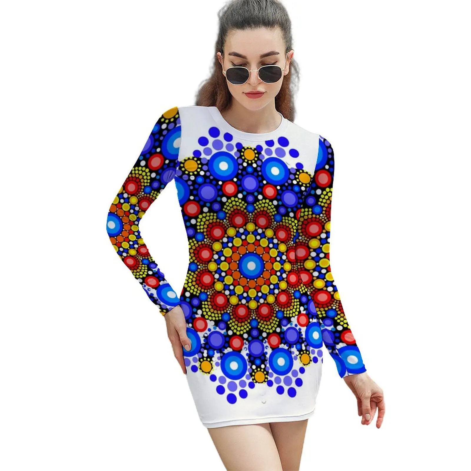 

Blue and Orange Circles Pattern Long-Sleeved Sheath Dress chic and elegant woman dress long sleeve dresses dresses for women