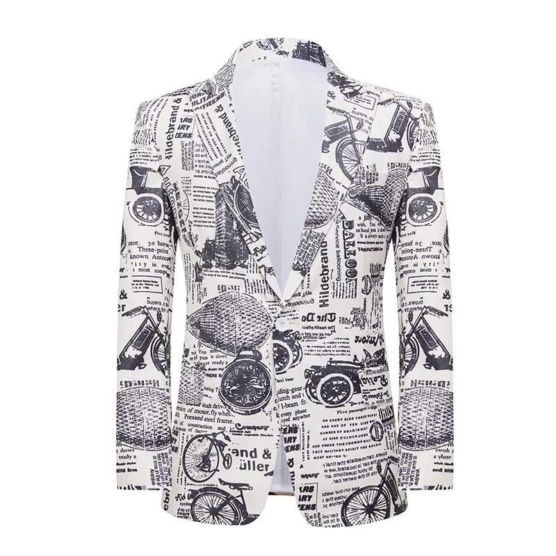 Mens Fashion Newspaper Print Tuxedo Blazers Slim Fit Casual One Button Suit Jacket Blazer Men Party Stage Singer Costume Homme