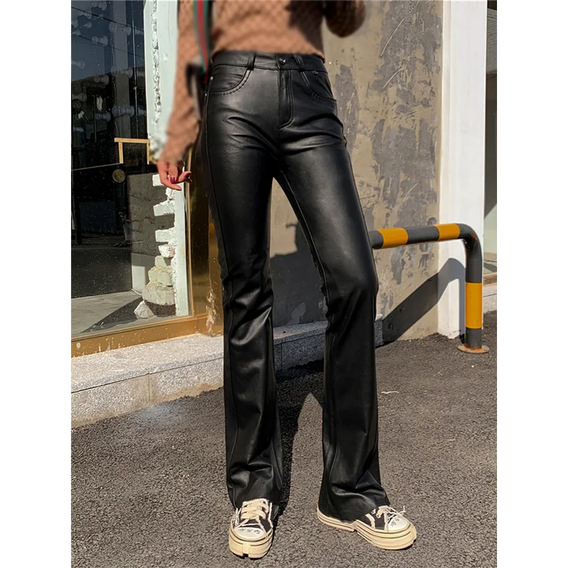 パンツ Hippie leather bellbottom Womens Sexy PU Leather Bell Bottom Pants Slim Fit, Low Waist
