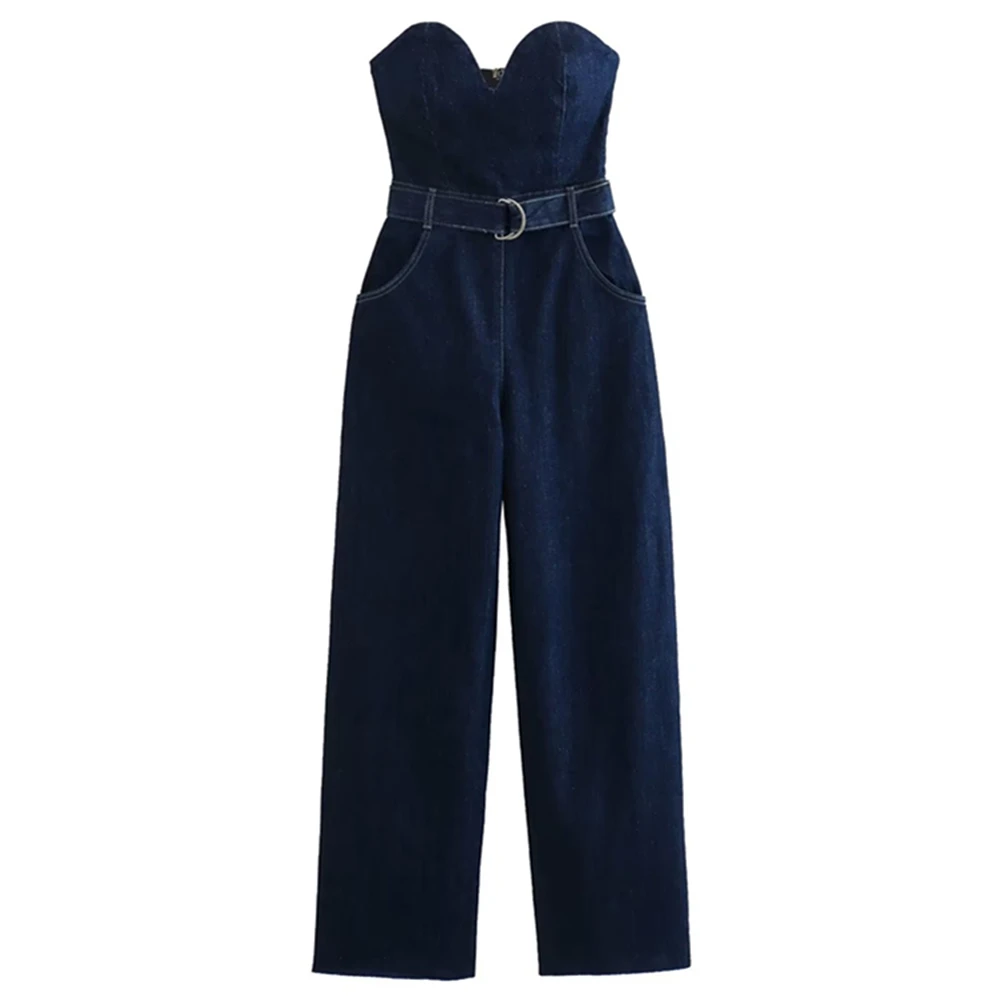 Dave&Di 2023 New Denim Jumpsuit  Retro High French  Street  Sexy Tube Top Fashion Ladies Cargo Jumpsuit Women Female