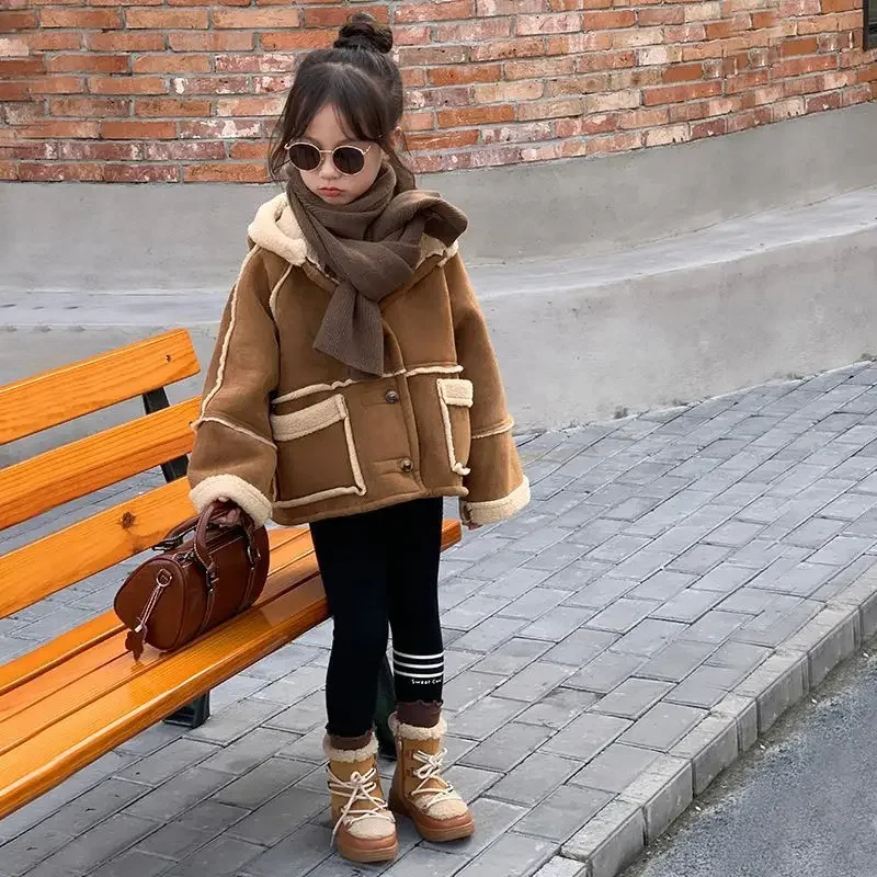 Children's Suede Jacket Autumn Winter Girls Korean Thick Fur One-piece Motorcycle Suit with Suede Double-sided Woolen Sweater