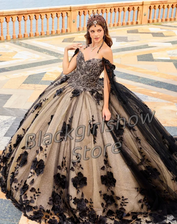 

Black Quinceanera Dresses 2024 Luxury Elegant Tulle Tulle Sheer Fairy Flower Embroidery Birthday Party Dresses For Quinceanera