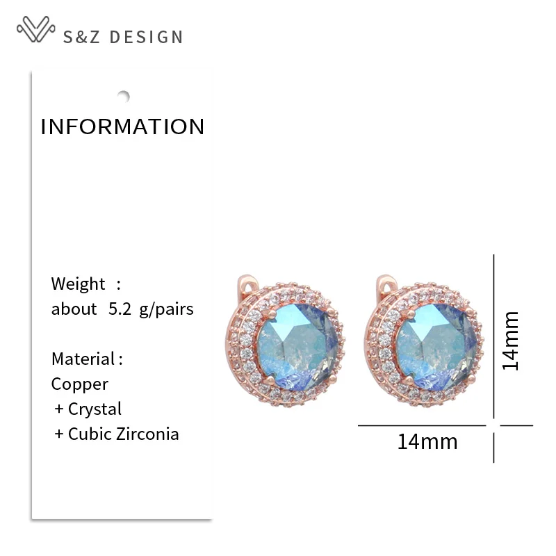 S&Z DESIGN New Fashion Round Ice Crack Crystal Dangle Earrings For Women 585 Rose Gold Color Cubic Zirconia Jewelry Gift