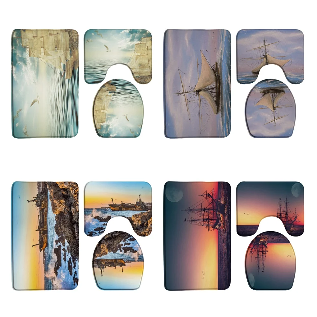 3 Pezzi Barca A Vela Nautica Set Di Tappeti Da Bagno Barca Ocean Scenery Flanella Zerbino Tappetino Da Bagno Antiscivolo A Forma Di U Wc Tappeto Coper