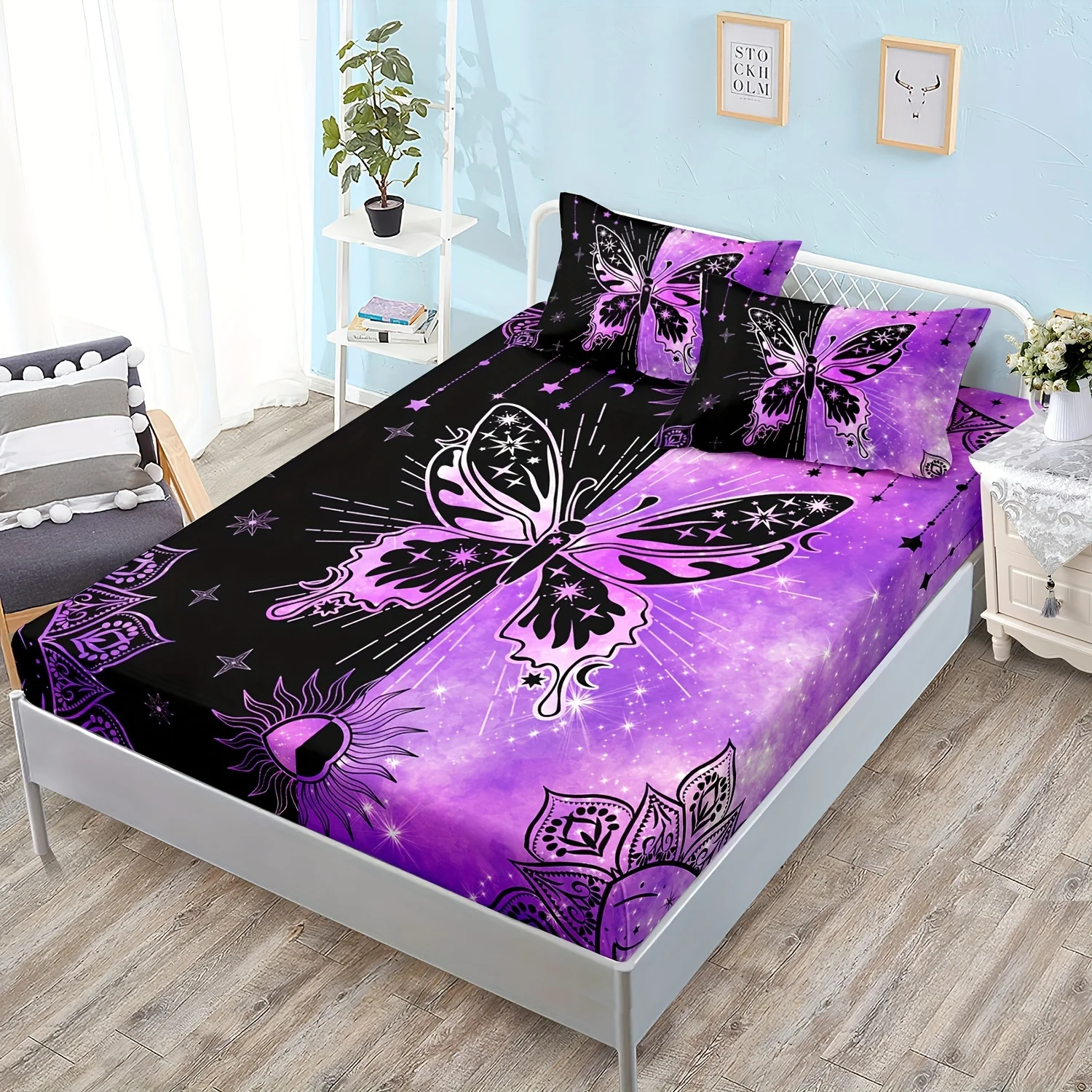 

3pcs 100% Polyester Purple Black Print Fitted Sheet Set Teen Bedroom Decoration, Boho Aesthetic Mandala Pattern Girl Bedding S