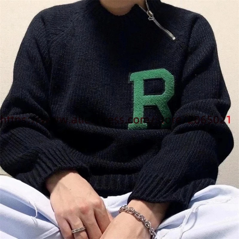 RAF SIMONS Vintage Sweater Black Autumn/Winter High Quality Extra Large Size Towel Embroidery Letter RAF SIMONS Knit Pullover