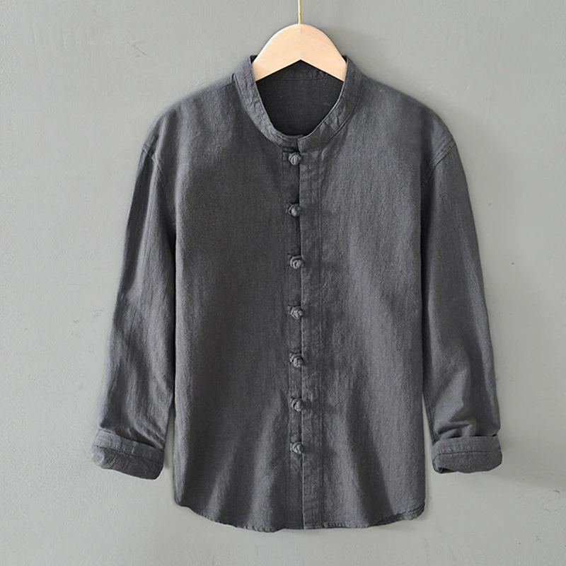 

Рубашка Мужская льняная с длинным рукавом, модная Повседневная блуза свободного покроя в китайском стиле, однотонная, лето-осень