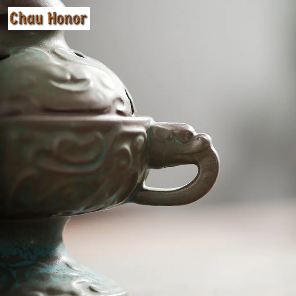 Antique Double Ear Bronze Pattern Ceramic Incense Burner Plate Art Sandalwood Furnace Zen Censer Burner Holder Home Decoration