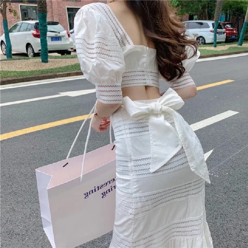 Celebrity Style Vintage 2 Pieces Set Temperament Goddess Women  Puff Sleeve Short Tops Long Fishtail Midi Skirt Sets Party Prom 2 pieces men suits vintage costume homme houndstooth blazer pants formal wedding groom business causal prom daily tailored