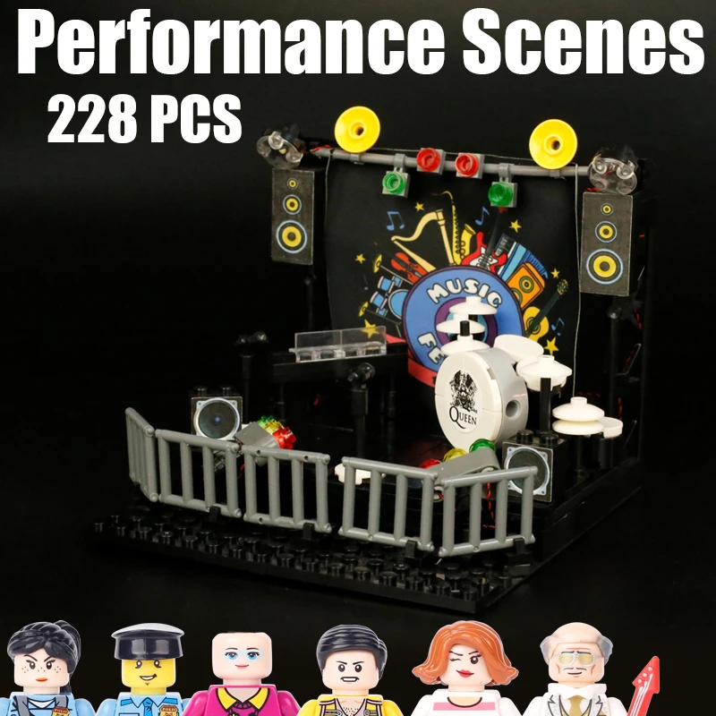 

MOC City Performance Scenes Building Blocks Street View Music Stage Singer Audience Police Figures Shelf Drum Bricks Friends Toy