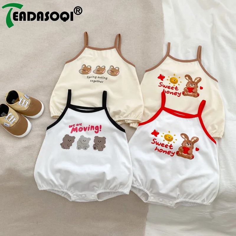 

2024 Summer Newborn Rompers Baby Girls Boys Sling Cartoon Bear Animals Kids Infant Cotton Bodysuits Toddler Clothing 0-2Y