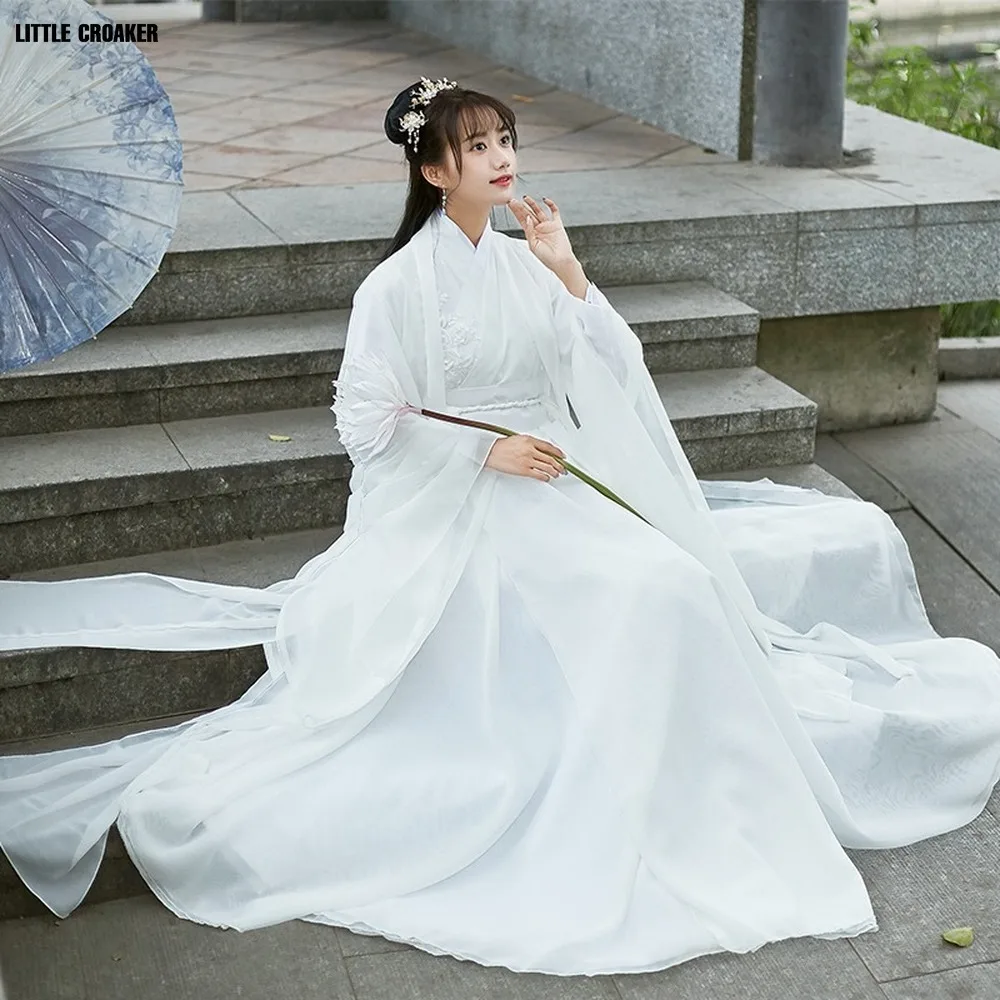 Halloween Ancient Princess Fairy Cosplay Costume Chinese Traditional Folk Dance Stage Performance White Hanfu Dress Woman