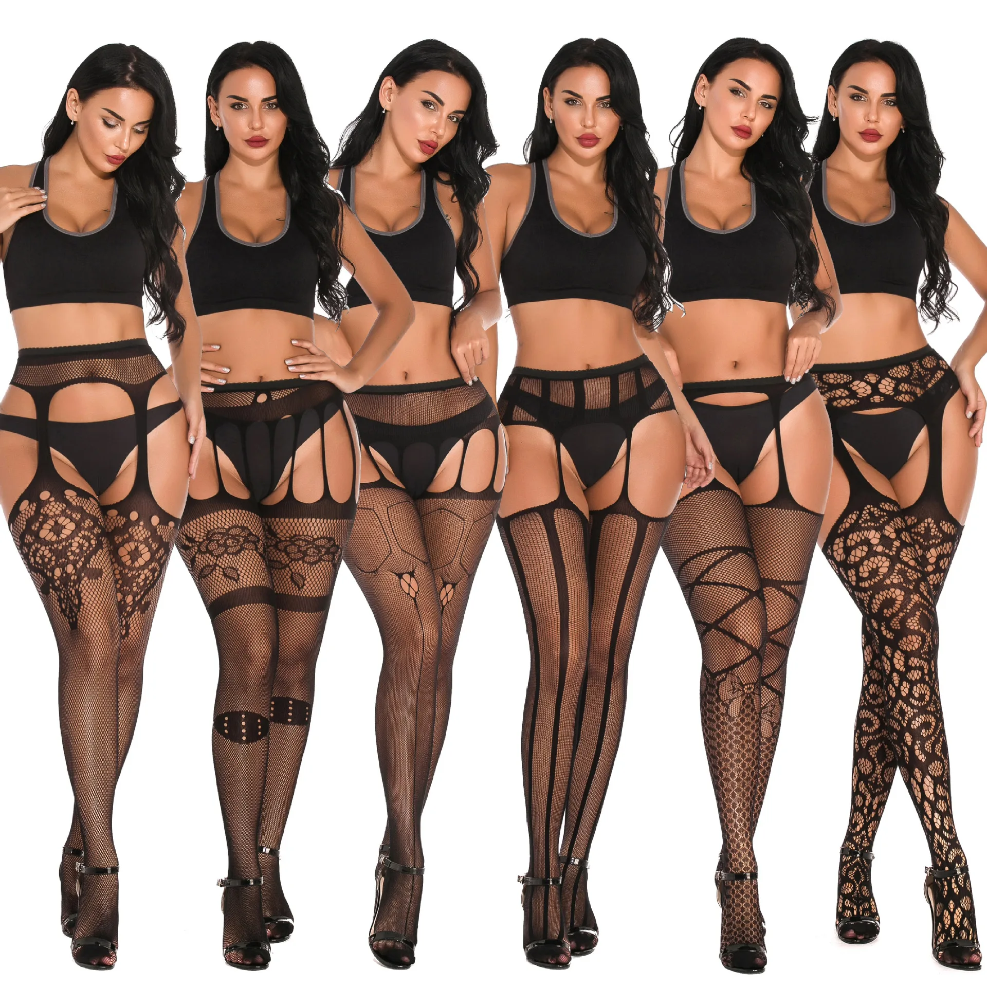 Women Fishnet Body Stockings Garter Belt Sexy Black Lace Hollow Elastic Mesh Stocking Underwear Sheer Tights Pantyhose Lingerie
