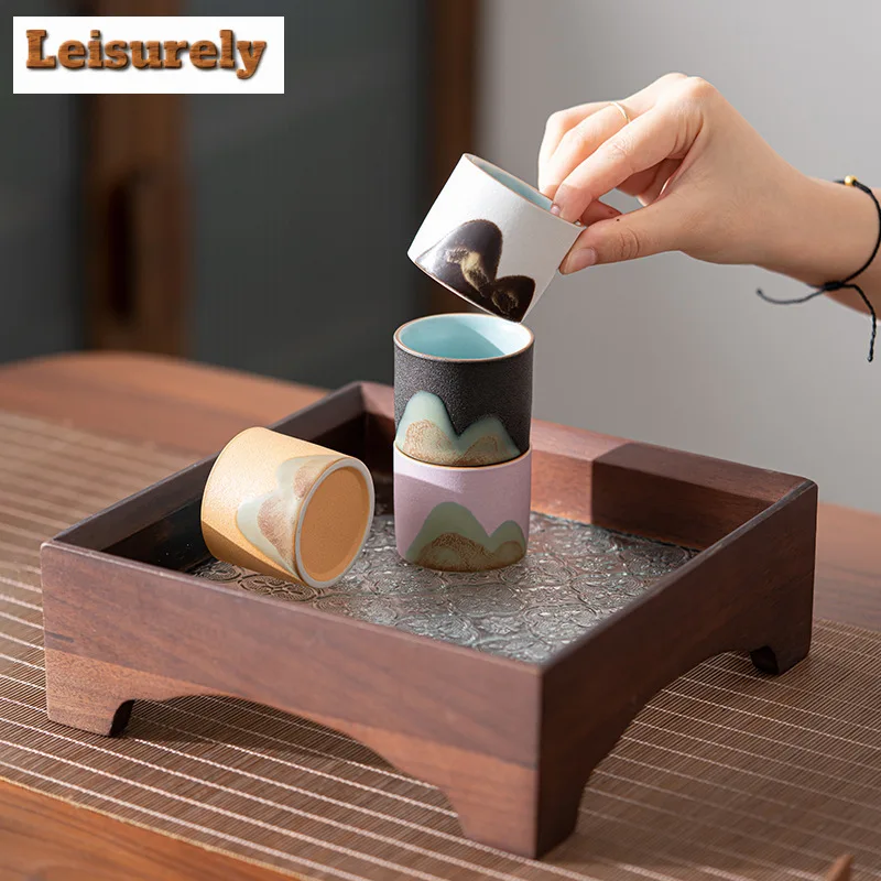 4pc/set Handdrawn Mountain Tea Cup Japanese Coarse Pottery Master Cup Meditation Cup Chazhan Set of Cups Water Jug Gift Box Set
