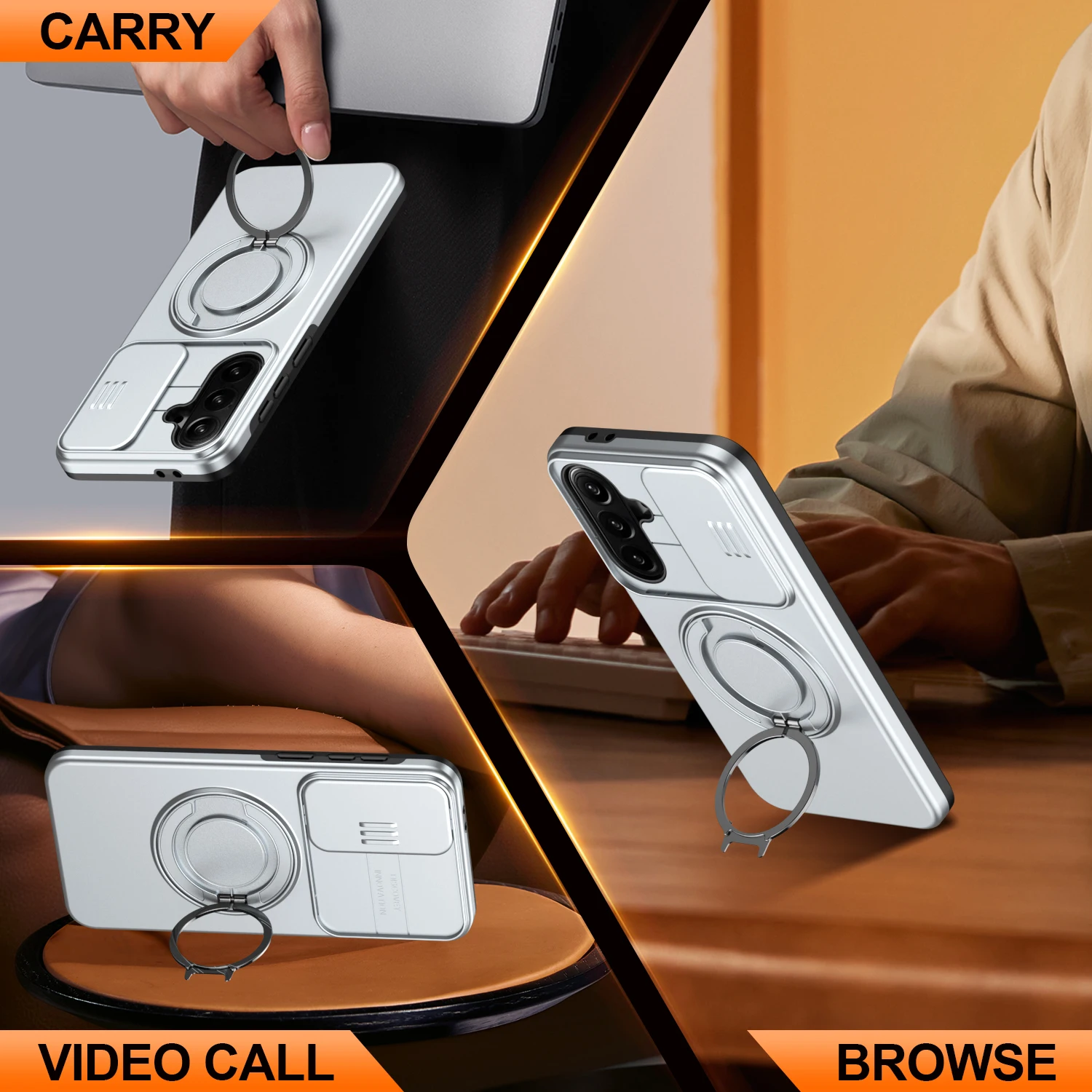 Durable Armor Magnetic Ring Stand Phone Case with Camera Flip Protection