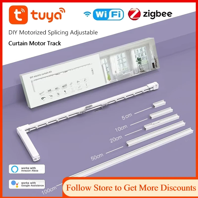 WiFi/ZigBee ไฟฟ้าผ้าม่านมอเตอร์ Tuya สมาร์ทที่กําหนดเองมอเตอร์ Splicing ม่านรางพร้อม RF ระยะไกล Alexa Google Voice 1
