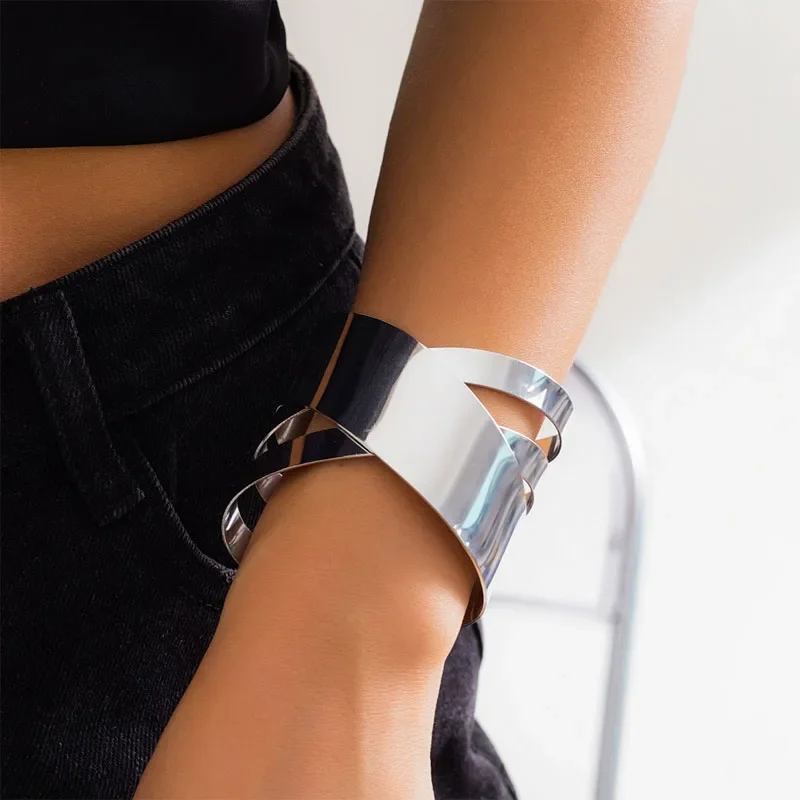 SOHOT Wide Edge Punk Wide Exaggerated Metal Adjustable Opening Bangles for Women Fashion Jewelry Minimalist Accessories