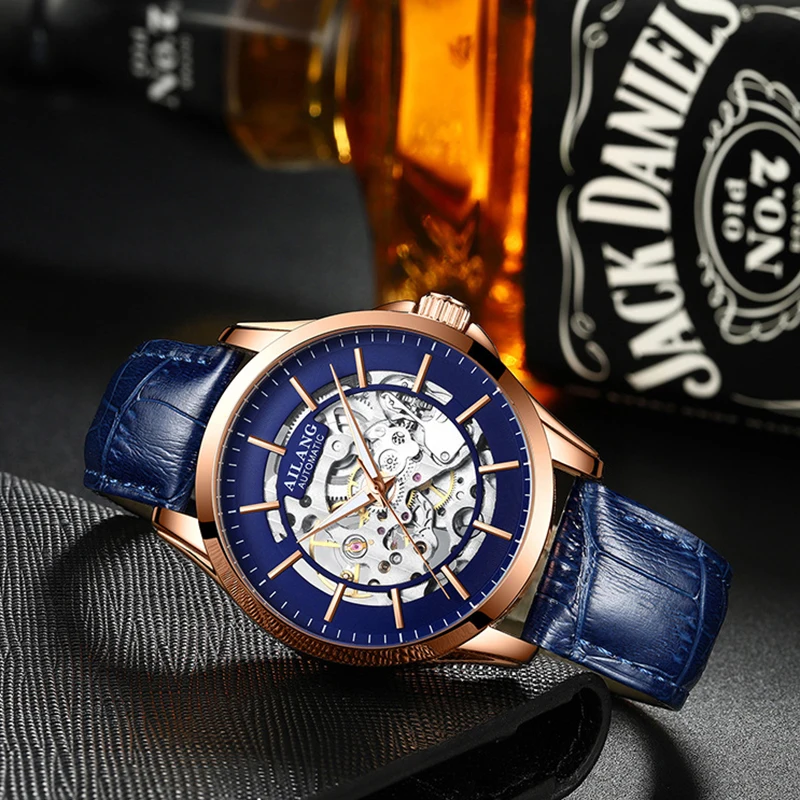 AILANG Luxury Skeleton Mechanical Watch For Men Fashion Blue Leather Strap Waterproof Luminous Hands Hollow Watches