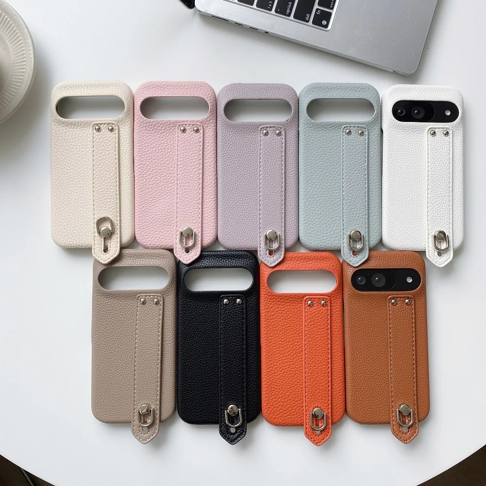 Lichee Pattern Leather Phone Case with Wrist Strap and Bracket - Protective Back Cover
