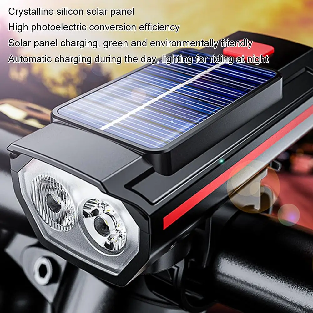 Solar Bike Front Lamp Horn Dual Lamp Beads Super Bicycle Safety Warning Night Brightness Waterproof Cycling Headlight