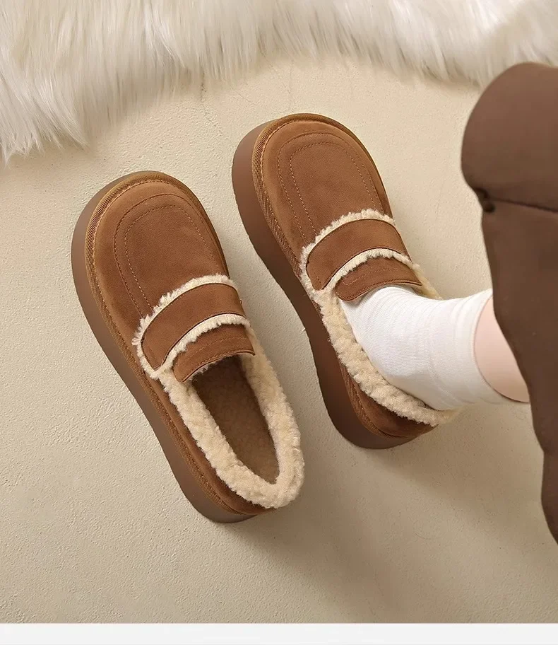 Women's Thick Soled Snow Boots Autumn Winter Plush Boken Shoes Retro Height Increasing Warm Anti Slip Cotton Shoes Loafers