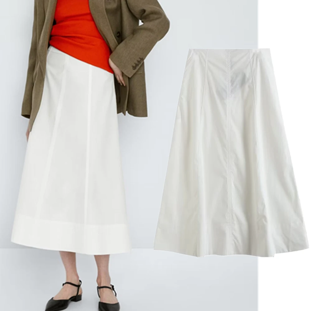 Withered French Vintage White High Waist Stitching A-line Skirt Elegant Ladies Commuter Fashion Casual Midi Skirt Women