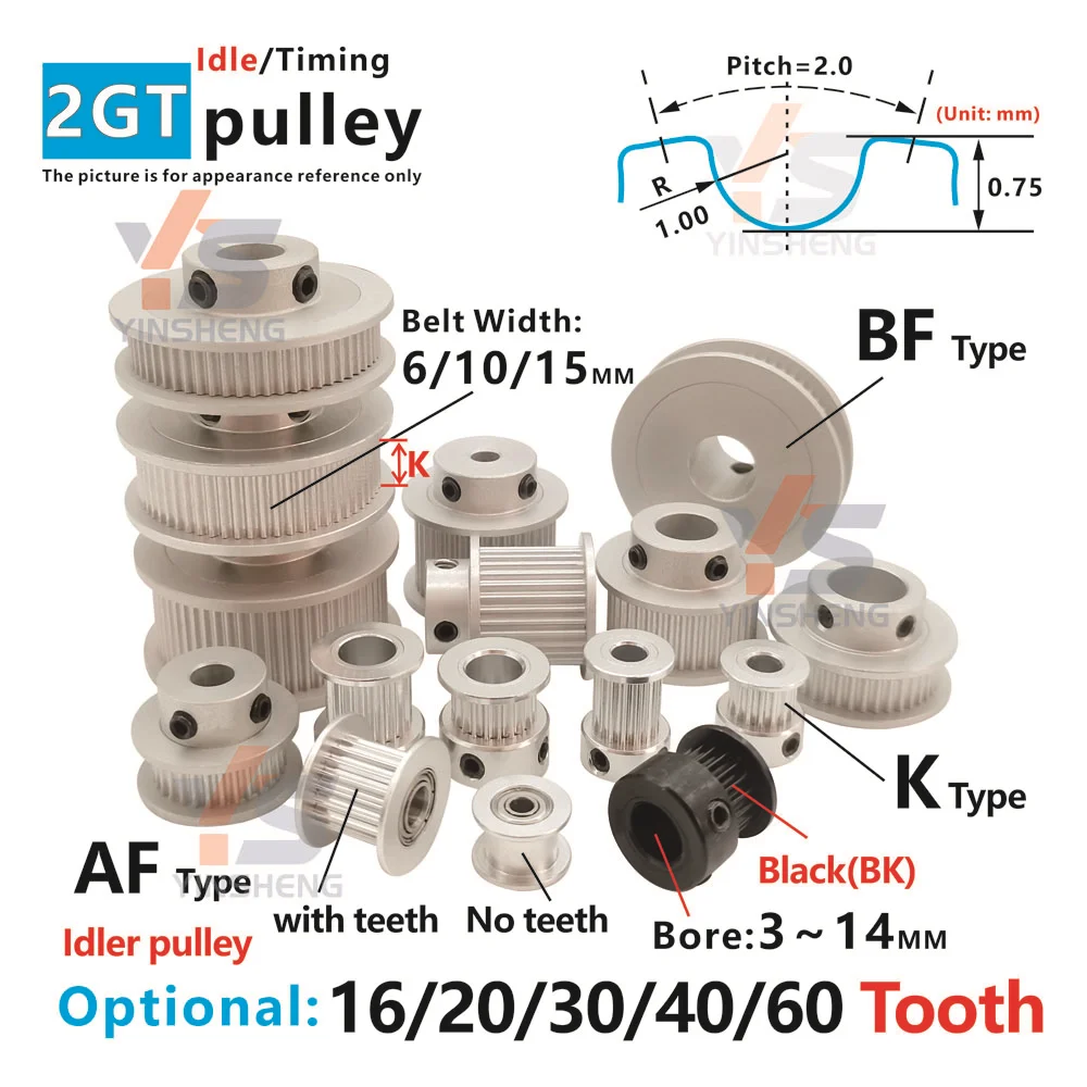 2GT K-type 16 20-tooth Synchronous Wheel BF 30 40 60T Stepper Motor Pulley 2M 16 20T With Bearing idler Belt width 6 10 15 MM 3D timing belt pulley,timing pulley,belt pulley