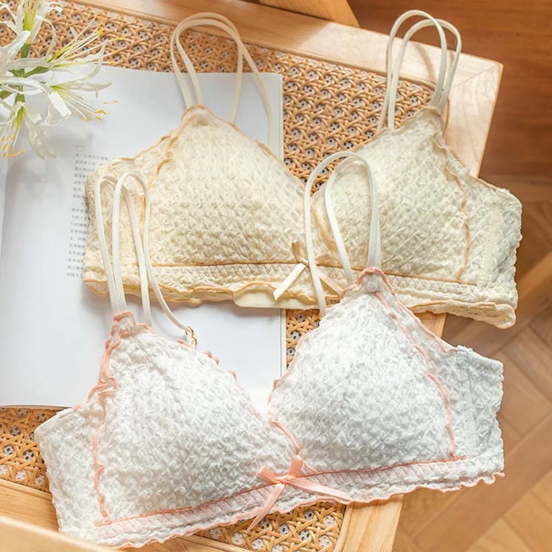 

Wasteheart For Women White Blue Cross Back Lace Bow Cotton Panties Wireless Bra Sets Underwear Sexy Lingerie Sets Cup A B