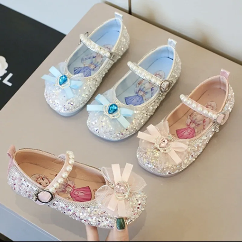 

Kid Shoe Girl Rhinestone Princess Shoes Spring Autumn Soft Soled Leather Shoe New Bow Mary Jane Shoes Child Crystal Casual Shoes