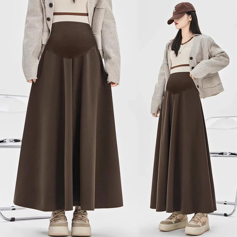 Dense Woolen Maternity Long Skirts Autumn Winter Fashion A Line Belly Big Bottoms Clothes for Pregnant Women Casual Pregnancy