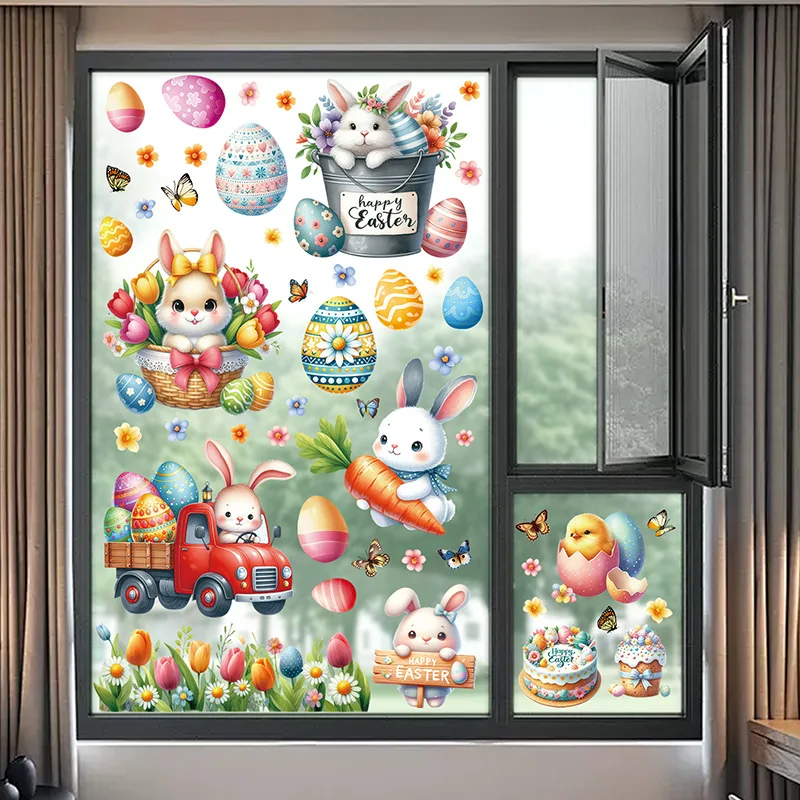 Easter Window Stickers Easter Wall Sticker Kids Room Wall Decals Cute Rabbit Eggs Carrot Decorations for Spring Party Stickers