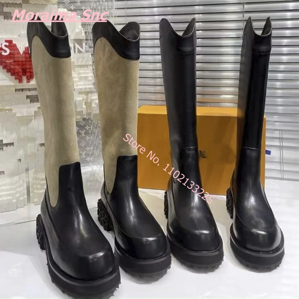 

Winter New Women Knight Boots Leather High Heel Round Toe Platform Pathwork PU Slip-On Cool Mixed Color Free Shipping Punk Shoes