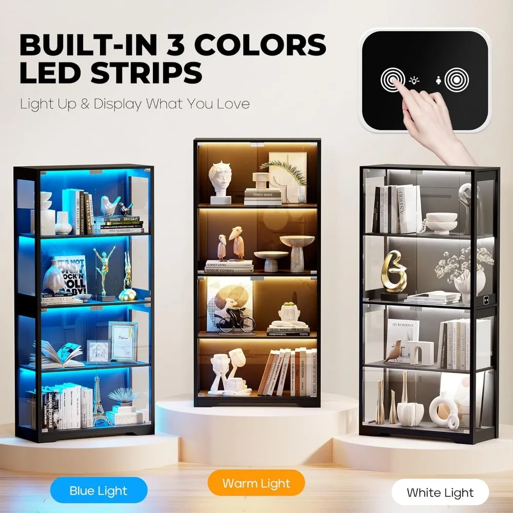 Display Cabinet with Glass Doors, 4-Tier Curio Cabinet&Bookcase with 3 Color Light for Collectibles, Toys, Books 4