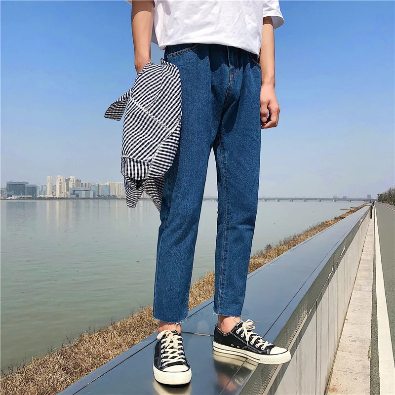 Hong Kong Style 2022 Fashion Casual Trendy Wild Ankle Length Pants Korean Slim Feet Jeans Summer New Casual Harem Pants Men