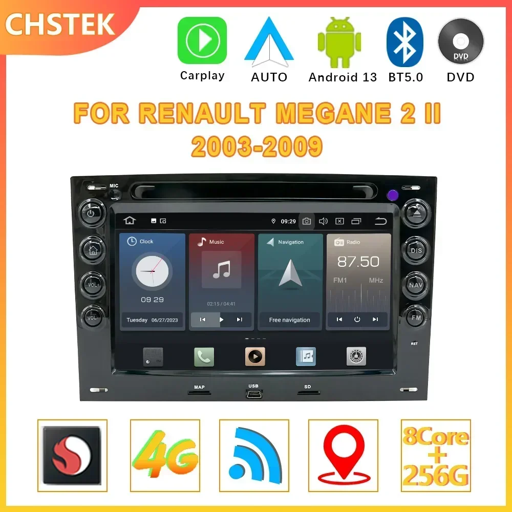 For Renault Megane II 2003-2009 7 Inch 2 Din Car Multimedia Player Head  Unit with Frame GPS Navigation Android Autoradio