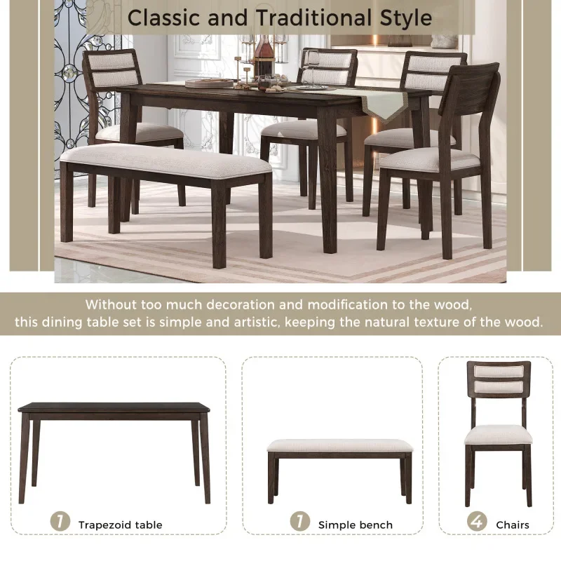 6 Piece Dining Set, 1 Dining Table, 4 Upholstered Chairs & Bench Classic Traditional Style living room furniture(White+Gray)