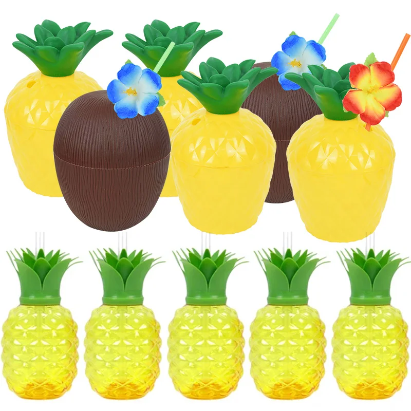 6 pieces Hawaii pineapple coconut drink cup with straw Hawaii party luau flamingo decoration beach wedding pool party supplies