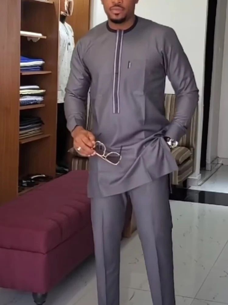 

Men's fashion casual grey print two-piece suit