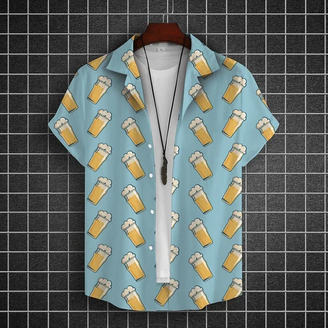Hawaiian Shirt For Men 3d Beer Printed Short Sleeve Shirts Party Tees Summer Casual Tops Loose Oversized Clothing