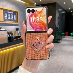 Luxury Love Heart Glitter Phone Case with Sequin Shiny Back Cover for Motorola Razr 70 (Orange)