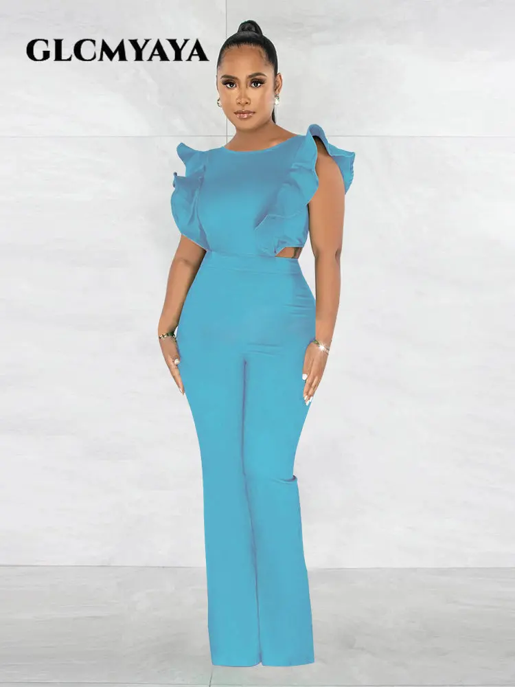 

GLCMYAYA Women Ruffles Shoulder Cutout Waist High Slit Straight Wide Leg Jumpsuit 2023 Vintage Street INS Playsuit One Piece Set