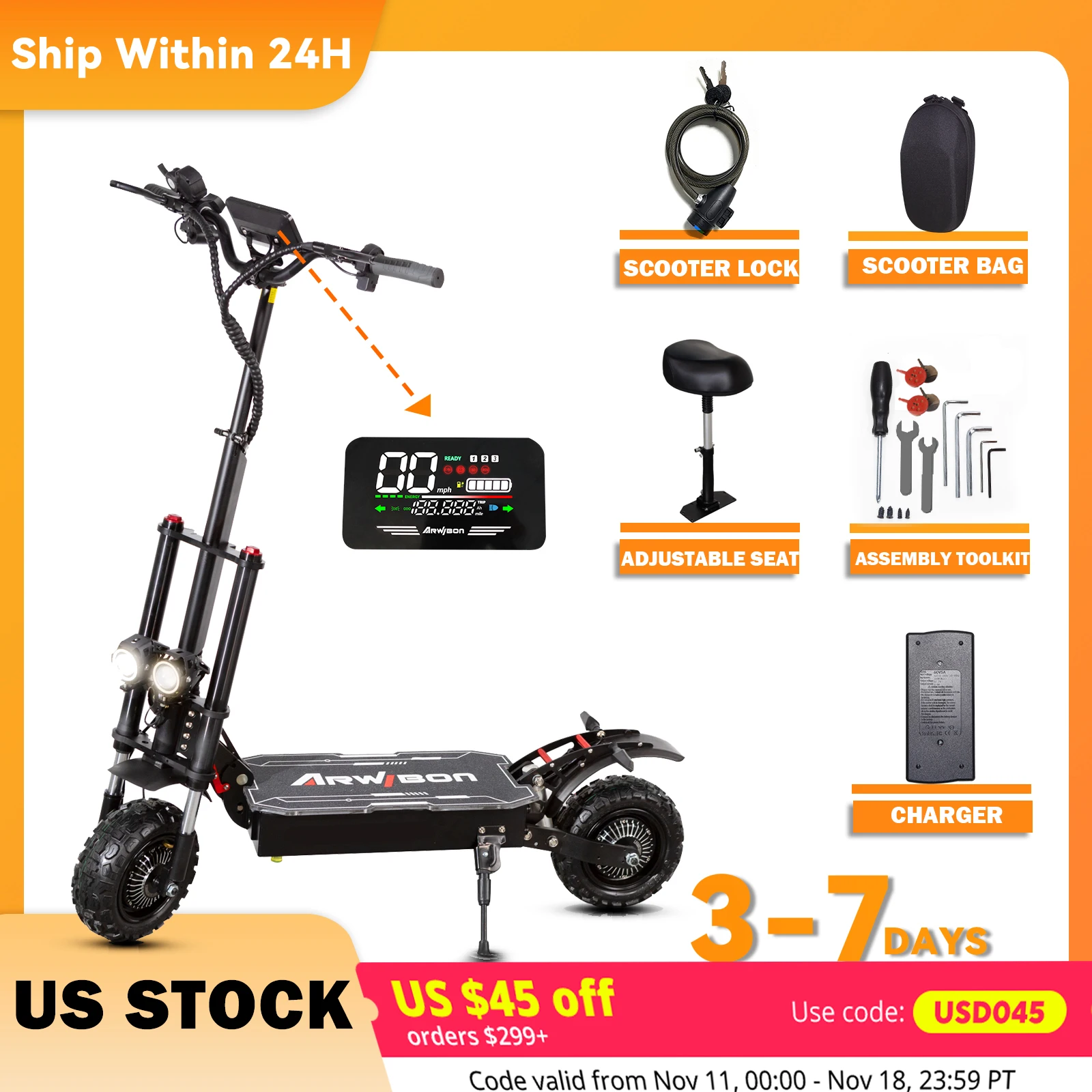 Arwibon 5600W Adult Electric Scooter Dual Motor Top Speed 50MPH,60V38AH, 11-inch Off-Road Tires Sport Folding eScooter with Seat