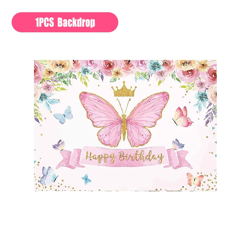 thumbnail image 1 of Decoración para fiesta de cumpleaños con mariposas moradas y rosas, vajilla con temática de mariposas, vasos de papel, platos, globos, suministros para fiestas para niñas, 1 of 5